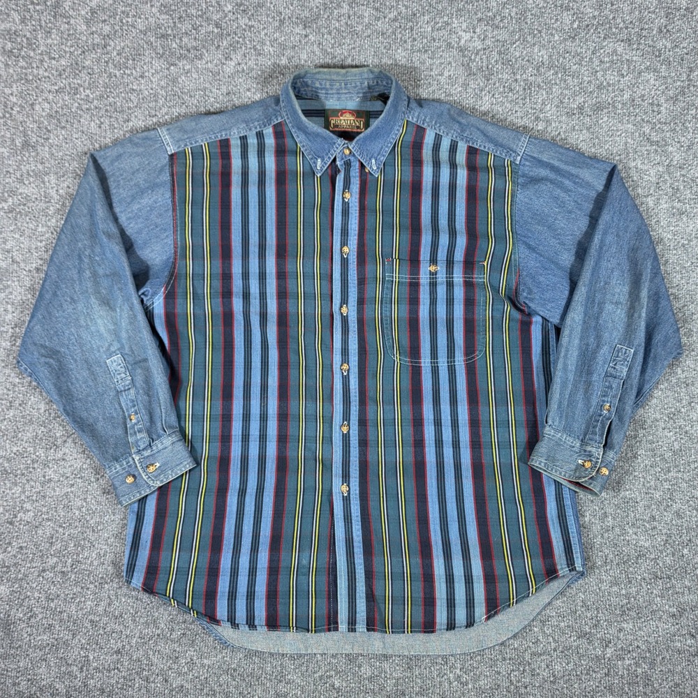 VTG 90s Greatland Apparel Mens Large Blue Denim Striped Button Down Shirt